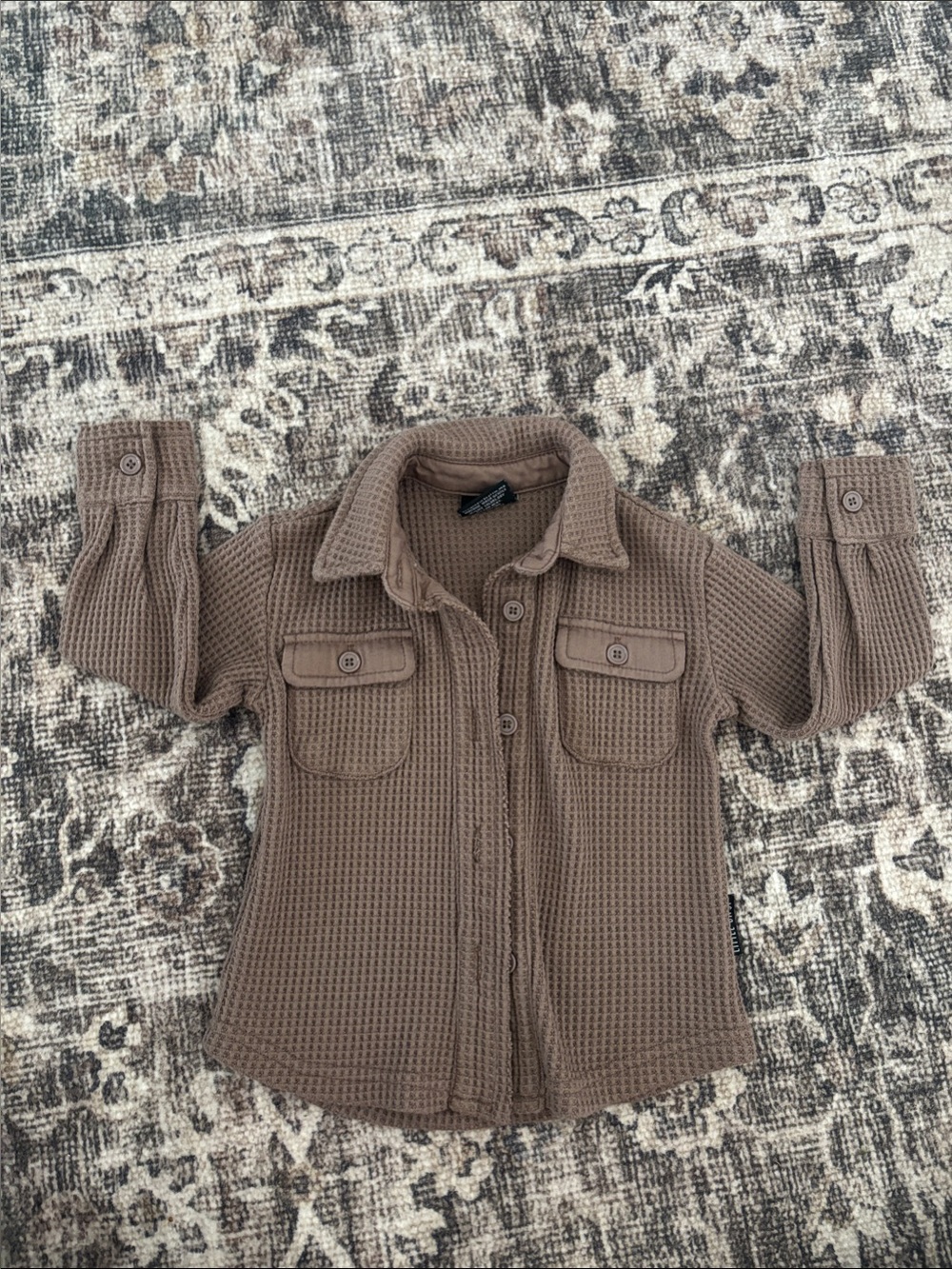 Little Bipsy Waffle-Knit Button Down Shirt Jacket - Taupe Brown